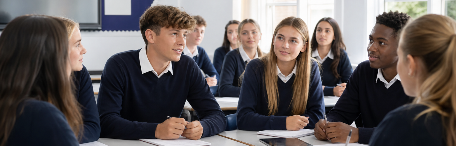 Secondary school students taking part in a classroom discussion